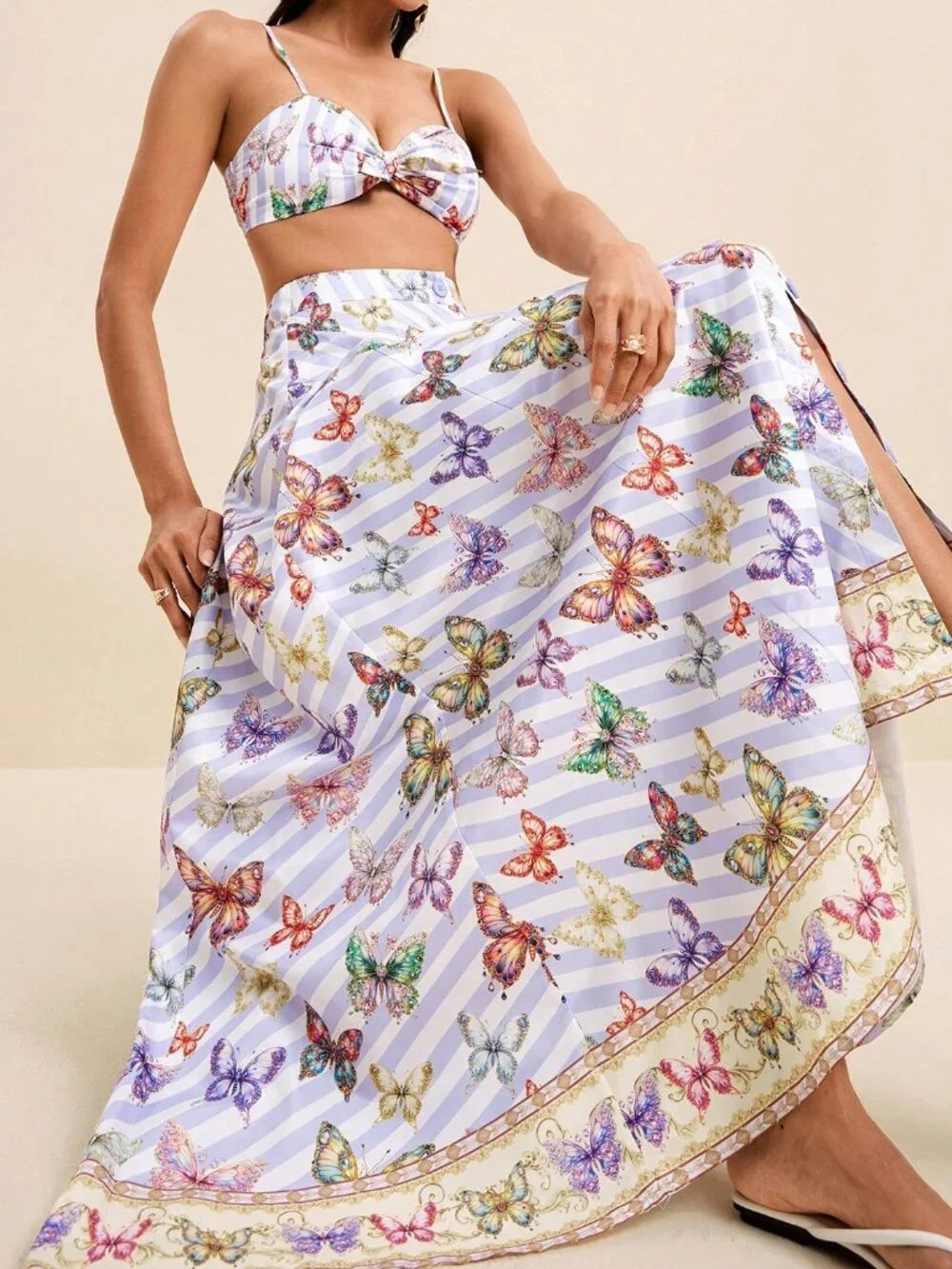 Multicolor Boho Women's Stripe Butterfly Print Maxi Skirt And Cami Crop Top Set